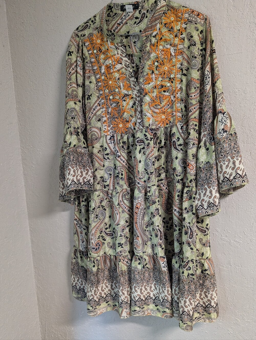 Embroidered Paisley Tunic Dress OSFM Sage Boho Festival Whimsy Cottage Twiggy